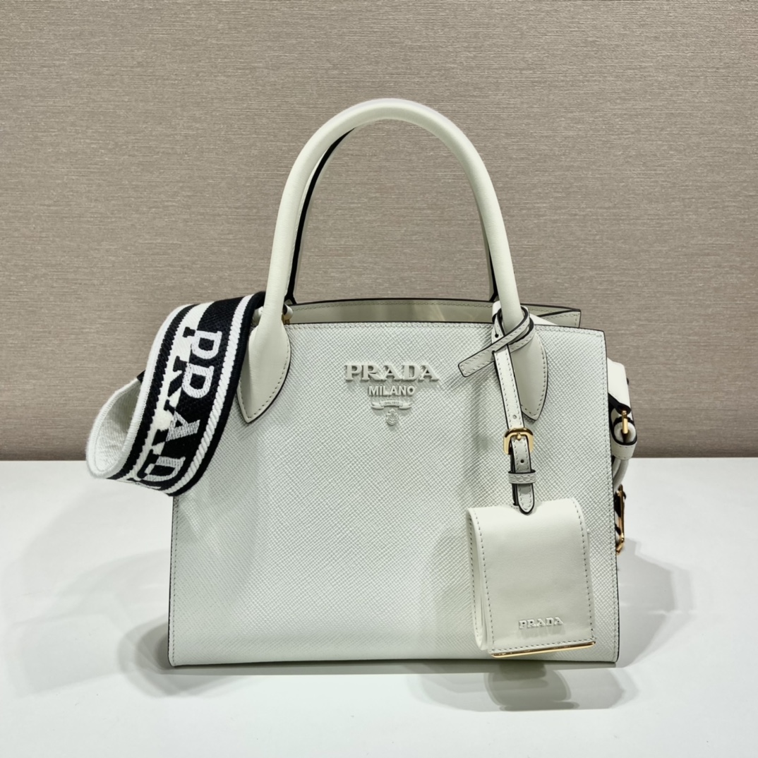 Prada Saffiano Leather Handbag Bag Tote White 1BA156